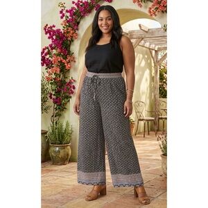 NWT Breeze Ever Boho Resort Border Hem Elastic Waist Wide Leg Pants w Pockets XL